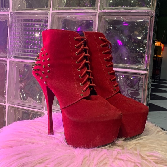 SUEDE SPIKE STUDDED STILETTOS PLATFORM BOOTIES - Picture 7 of 8